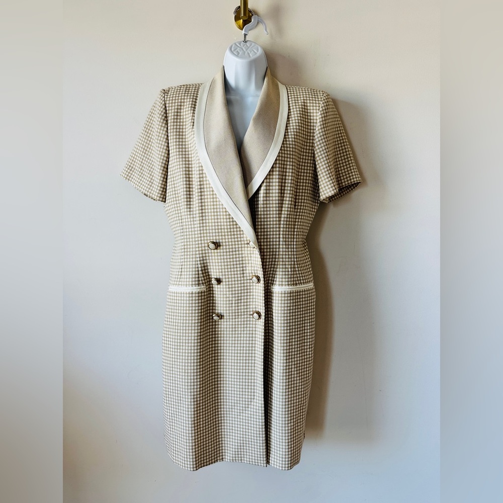 Vintage Tan & Cream Trim Double Breasted Blazer Style Dress Size 12 - Picture 6 of 10